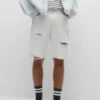 PULL & BEAR Bermuda With Ripped Legs - Shorts Di Jeans - White Denim